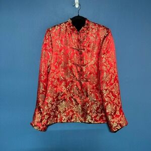 Vintage Reversible Jacket Women's Size Medium Red Gold Black Velvet Toggle Satin